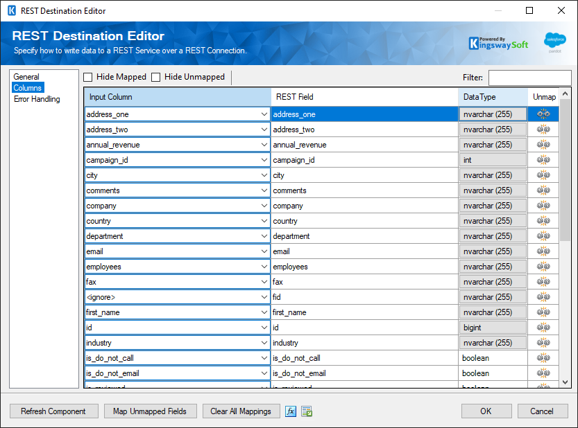 SSIS Salesforce Pardot REST Destination - Columns